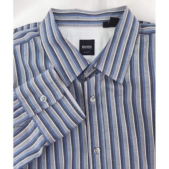 Hugo Boss Men’s Sz XXL Blue Vertical Striped Button Up Front Shirt 2XL Ronny - Picture 1 of 10